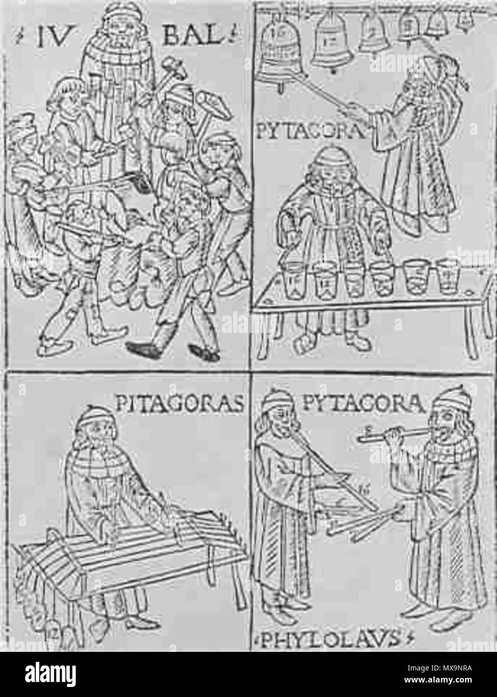 . Anglais : harmoniques Pythagore 1492 Gravure sur bois par farino le monde hellénique Nederlands : Illustratie bij Harmonice Mundi . Gravure sur bois, 1492. Farino 233 Gafurino Banque D'Images