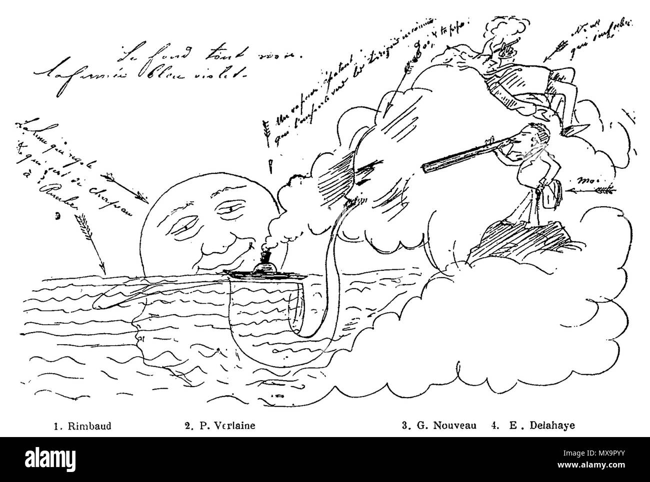 . Arthur Rimbaud, Paul Verlaine, Germain Nouveau et Ernest Delahaye. Soirées d'Ernest Delahaye (1853-1930) d'après un dessin de Germain Nouveau (1851-1920). 1896. Ernest Delahaye et Germain Nouveau Germain Nouveau 1896 242 Banque D'Images