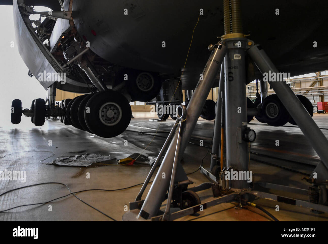Le train d'atterrissage d'un C-5M Galaxy soulevé sur six jacks du fuselage s'abaisse pendant son fonctionnement sur base aérienne de Ramstein, en Allemagne, le 3 mai 2017. Au cours de l'atterrissage à Ramstein, l'avion numéro quatre atterrisseurs principaux n'a pas abaissé. L'équipage était encore capable de faire un atterrissage en toute sécurité, et l'appareil a été remorqué, surélevé, inspecté et réparé par les aviateurs affecté à la 721e Escadron de maintenance des aéronefs et 60e AMXS. Banque D'Images