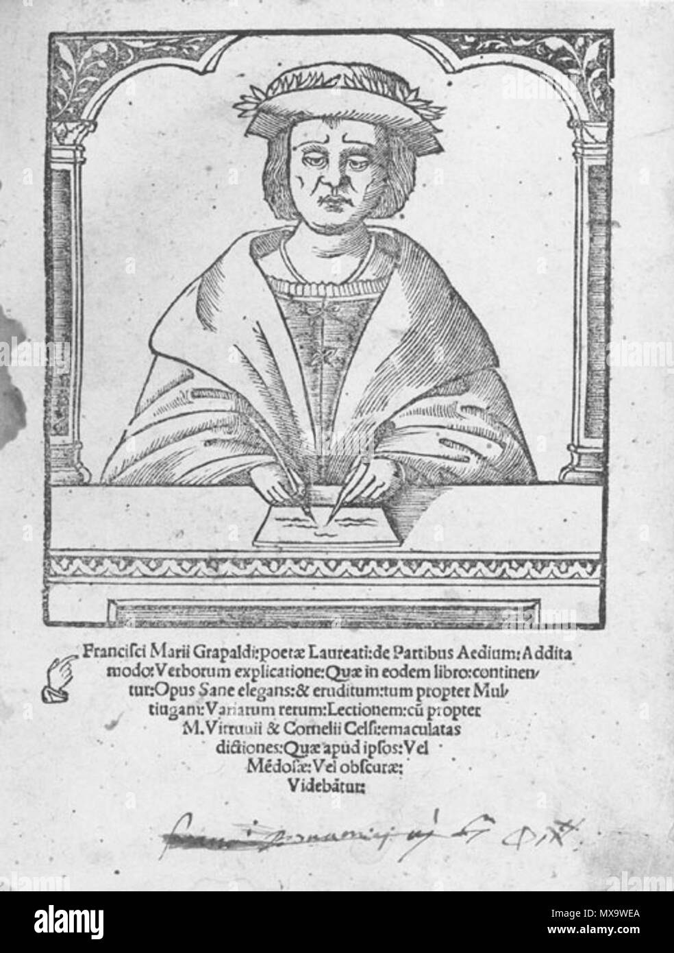 . Anglais : Franciscus Marius Grapaldus : De partibus Aedium. Addita modo verborum quae in eodem libro explicatione continentur titre avec portrait de l'auteur, Francisco Mario Grapaldo. O. Salado & F. Ugoleto pour A. Quintilianus, Parme, 7. Mai 1516 L'un des premiers livres sur l'horticulture, avec l'un des premiers dictionnaires de l'architecture. . AndreasPraefcke Grapaldo:utilisateur 253 1516 Banque D'Images