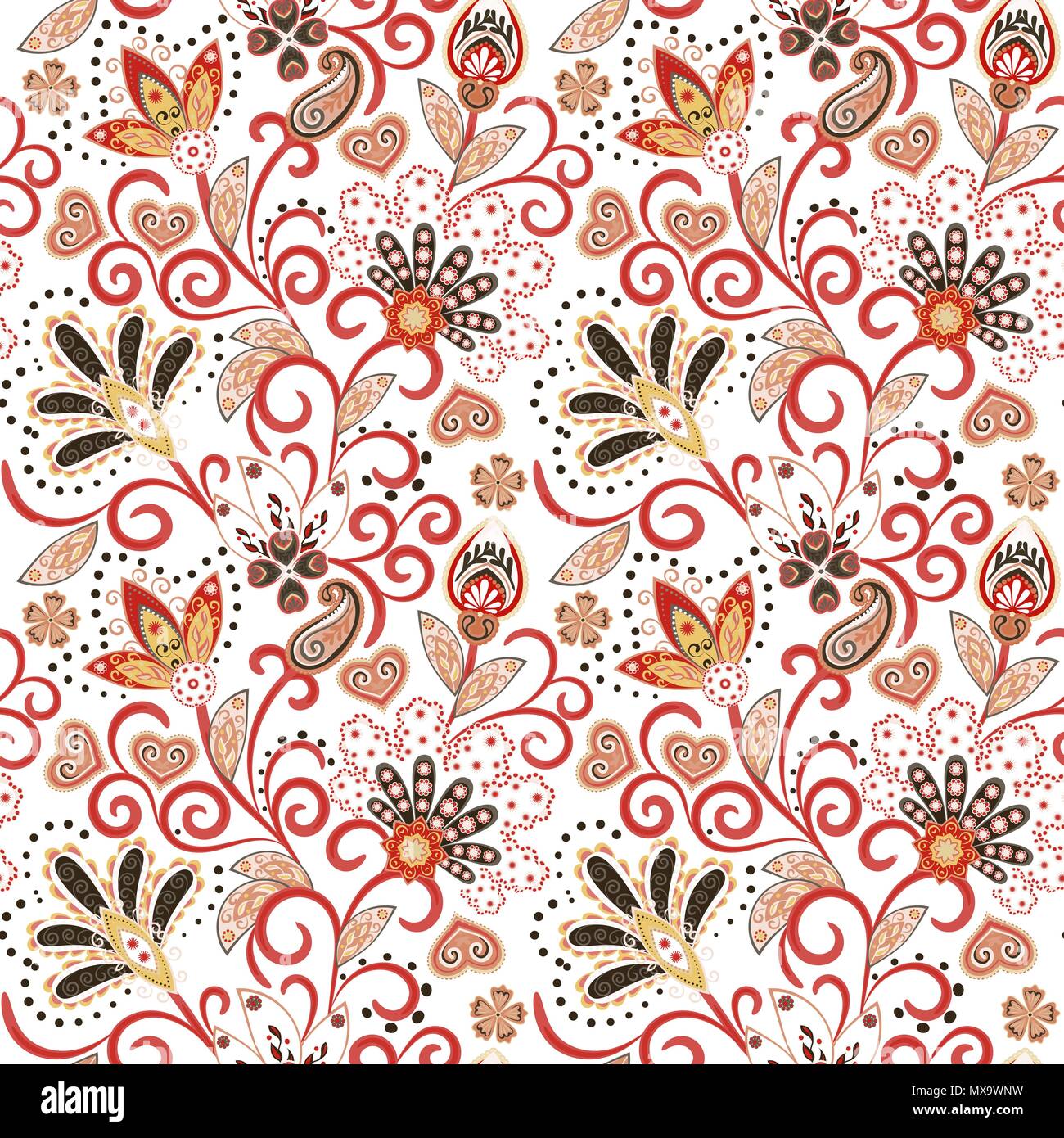 Hand drawn seamless flower pattern. Transparente avec motif coloré pargeting lunatique grunge fleurs et Paisley. Couleurs marron rouge sur fond blanc. Vector Illustration de Vecteur