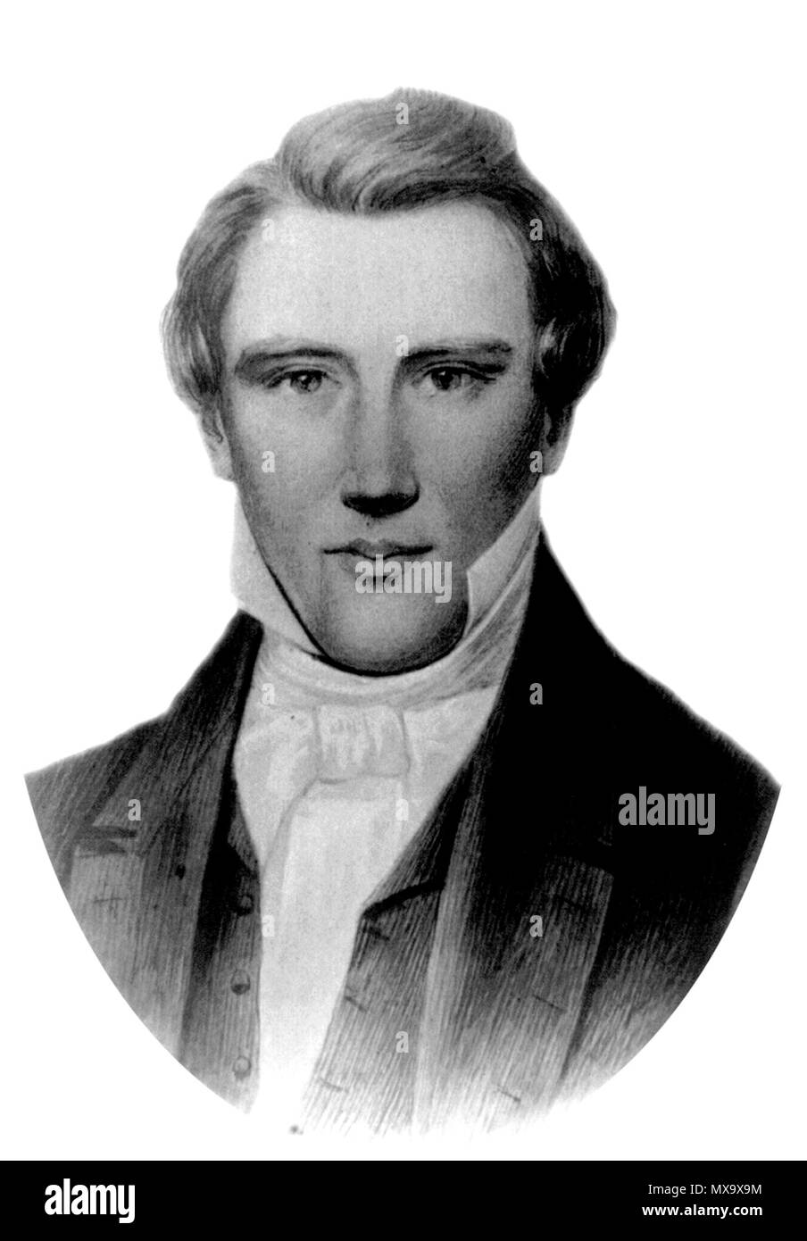 . Anglais : Joseph Smith, (1805-1844), tête-et-épaules portrait, face à l'avant. vers 1885 (reproduction de la peinture). Charles William Carter 461 Ovalportrait-josephsmith-Carter Banque D'Images