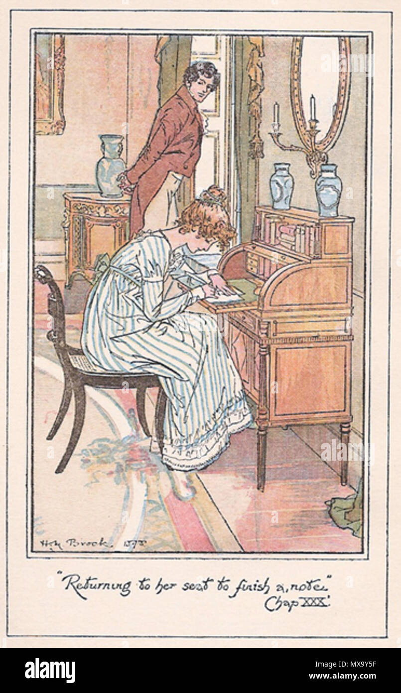 . Anglais : Dessin de ligne, frontipiece teinté de Mansfield Park de Jane Austen (roman), vol 2. (Fanny) retourne à son siège pour terminer une note. (Ch 30) English : dessin aquarellé, frontispice du tome 2 de Mansfield Park, illustrant le chapitre 30. Fanny est retourné s'assoir pour finir d'écrire . 1898. H. M. Brock (frère de C. E. Brock) 263 BrockMP-07 H.M. Banque D'Images