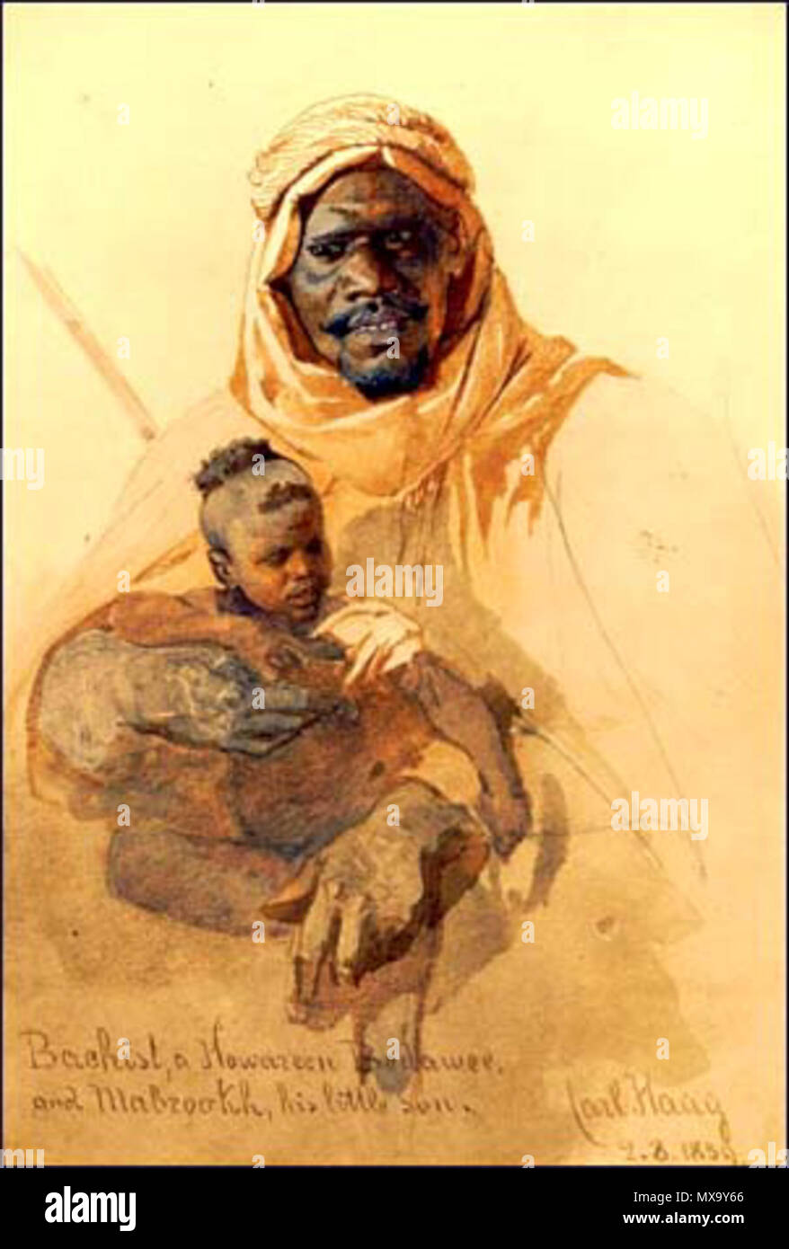 . Anglais : Photographie d'un Howazeen Bedawee Bachist, et Mabzookh, son petit-fils, 1857. Aquarelle, par Carl Haag. Dans le domaine public. . Ce fichier n'est pas informations sur l'auteur. 263 Haag, Bachist Banque D'Images