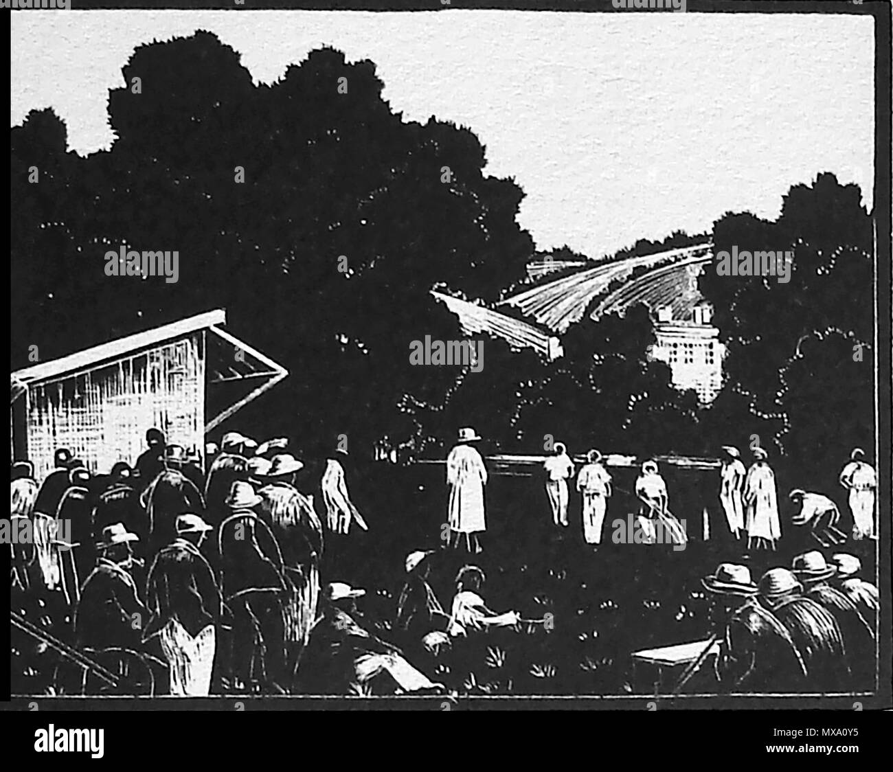 1930 coupe de bois (wood block ou lino-cut) gravée à la main avec photo d'un village 1930 Équipe de cricket de jouer un match local Banque D'Images
