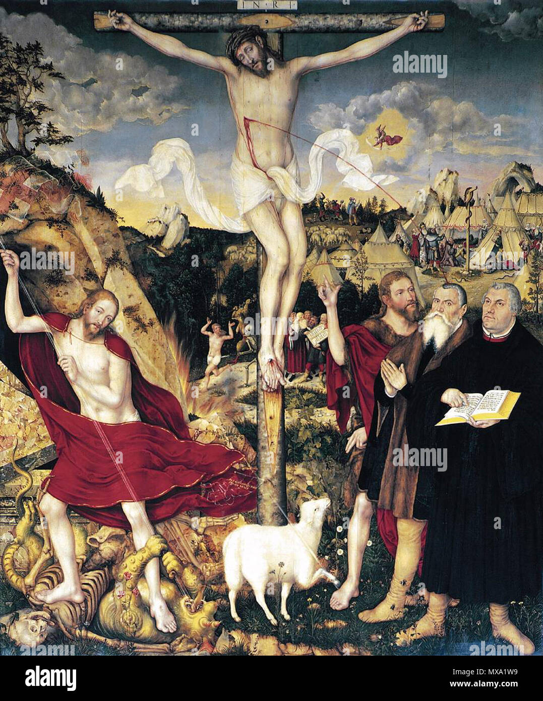. Retable de la crucifixion du Saint Pierre et Saint Paul Church, Weimar commencé par Lucas Cranach, l'ancien et terminé par son fils Lucas Cranach le jeune . 1555. Lucas Cranach 276 Herderkirche Retable Cranach Weimar Banque D'Images