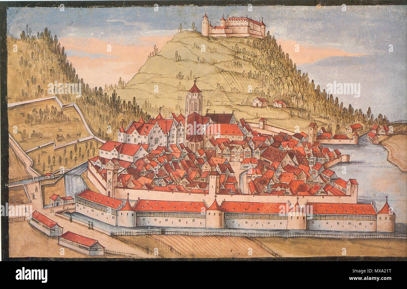 . Stadtansicht von Urach um 1616 Aquarell auf Papier eingescannt aus : Die deutschen im Südwesten Renaissance zwischen Reformation und Krieg Dreißigjährigem. Eine Ausstellung des Landes Baden-Württemberg, Heidelberger Schloss, 21. Juin - 19 Oktober 1986 . vers 1616. aus dem Stammbuch des Prinzen Johann Wilhelm von Sachsen-Altenburg Renaissance 517 B34 1616 Bad Urach Banque D'Images