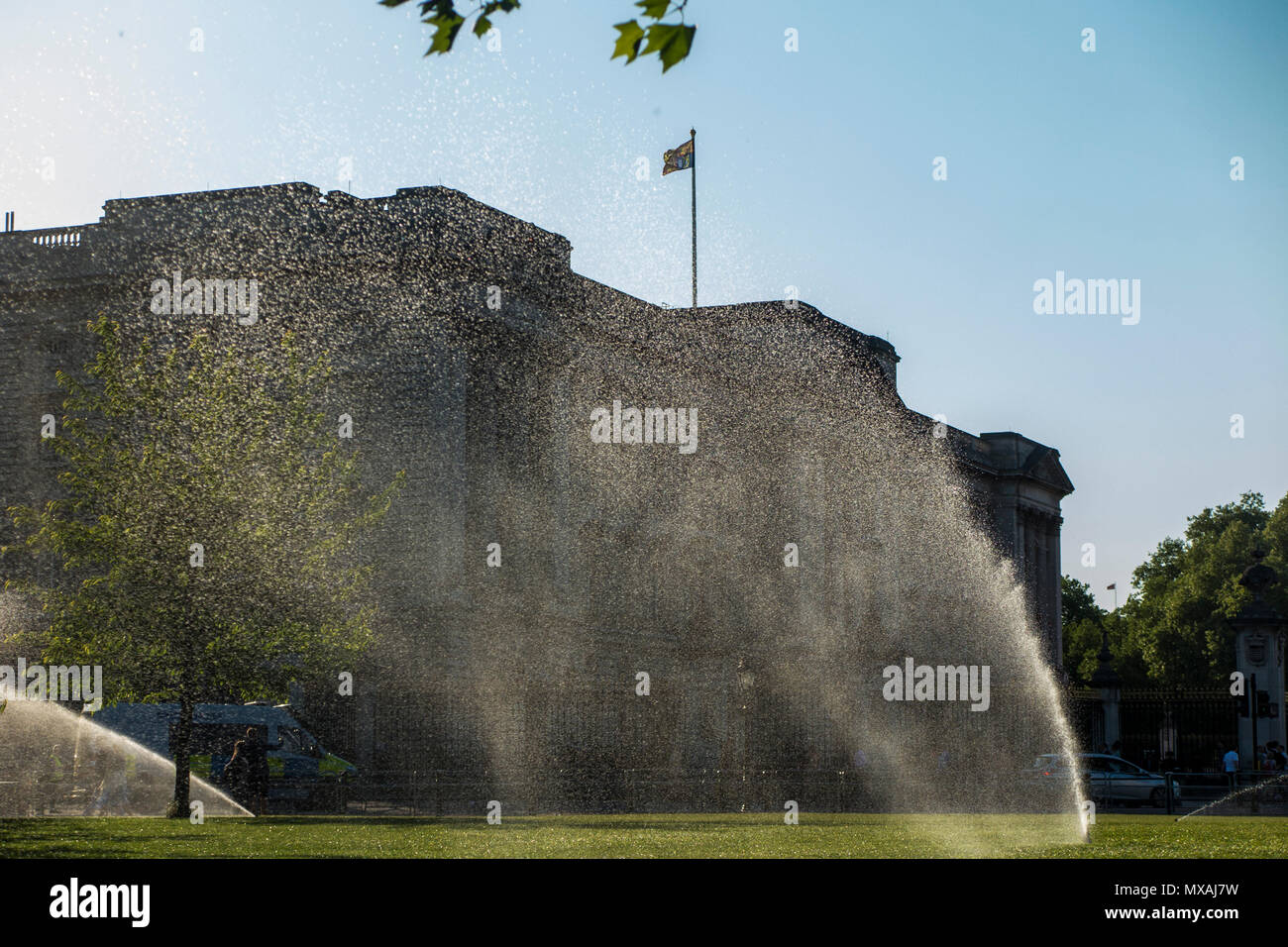 Aspersion d'eau sur la pelouse à l'extérieur de Buckingham Palace, sur une chaude journée d'été Banque D'Images