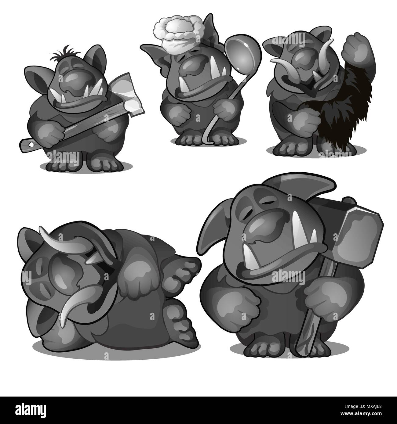 Couleur gris Troll endormi isolé sur fond blanc. Une série de poses