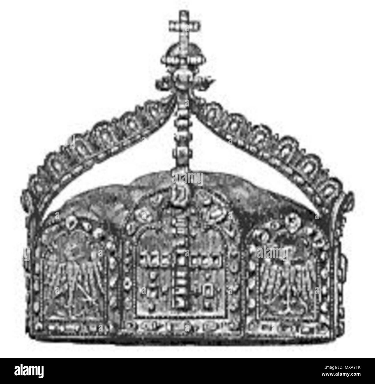 . Nederlands : Tekening uit de 19e eeuw van de kroon van het Duitse Rijk. Cette kroon verschilt en détails van de dans de Weense bewaarde Hofburg keizerskroon uit de 10e du 11e eeuw, de zogenaamde 'kroon van Karel de Grote'. De kroon van het tweede 'Rijk'heeft alleen op papier opereren. Anglais : Dessin du 19e siècle de la couronne du Deuxième Empire allemand. 19e siècle. Heroldsamt 333 Kaiserkrone (2. R.) Banque D'Images