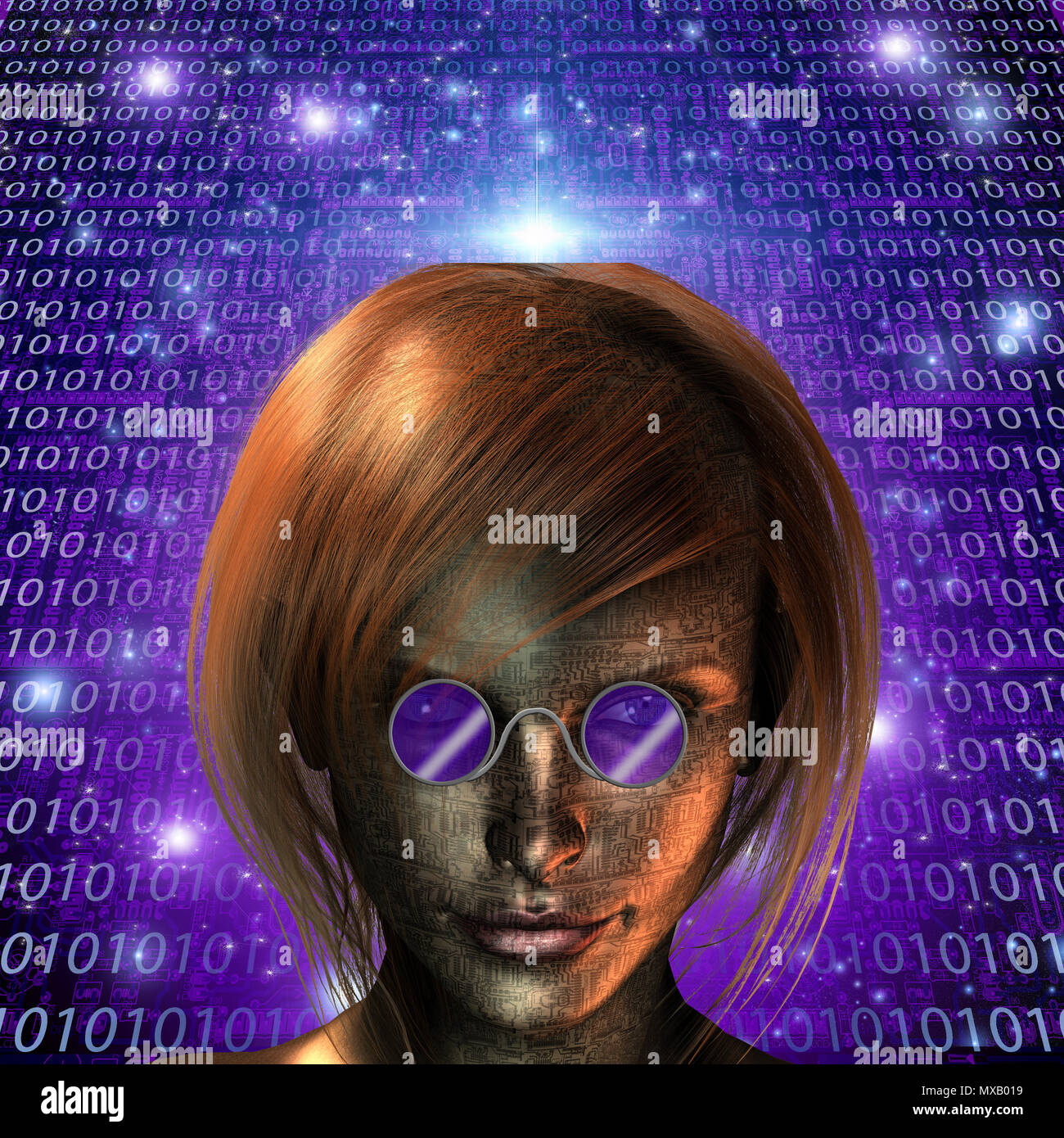 Cyborg girl wearing purple lunettes. Arrière-plan de code binaire Banque D'Images