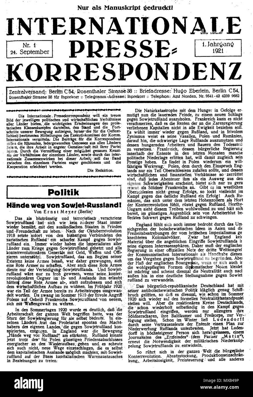 . Page de titre du premier journal Inprekorr . 1921. Ce fichier n'est pas informations sur l'auteur. 298 1921 Inprekorr Banque D'Images