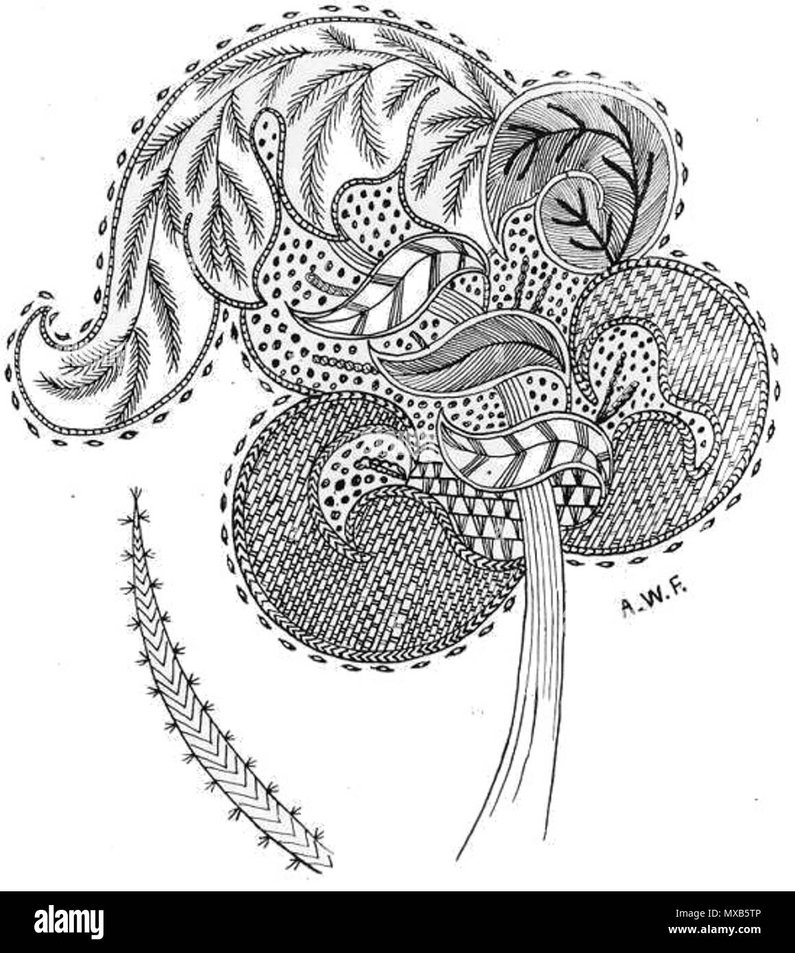 . Modèle de feuille de style jacobéen embroidery : 'cette feuille, ayant un contour de chaînette, est saisie en haut avec un brun et bleu en direction de point de tige, bordés de court et à long point. Le chiffre d'affaires est vert de chaînette en bleu avec des veines de chaînette, et les chiffres en bleu à la base de feuille sont fait dans une dentelle de point de surface, tandis que le reste est rempli avec de petits points de reprisage, les points de suture et un peu de L-couture. Les trois feuilles de la tige centrale de passage sont en rouge et vert et bleu et vert ; les tiges sont brun a travaillé en point de tige. Les boucles sont travaillé autour de l'outsid Banque D'Images . Modèle de feuille de style jacobéen embroidery : 'cette feuille, ayant un contour de chaînette, est saisie en haut avec un brun et bleu en direction de point de tige, bordés de court et à long point. Le chiffre d'affaires est vert de chaînette en bleu avec des veines de chaînette, et les chiffres en bleu à la base de feuille sont fait dans une dentelle de point de surface, tandis que le reste est rempli avec de petits points de reprisage, les points de suture et un peu de L-couture. Les trois feuilles de la tige centrale de passage sont en rouge et vert et bleu et vert ; les tiges sont brun a travaillé en point de tige. Les boucles sont travaillé autour de l'outsid Banque D'Images