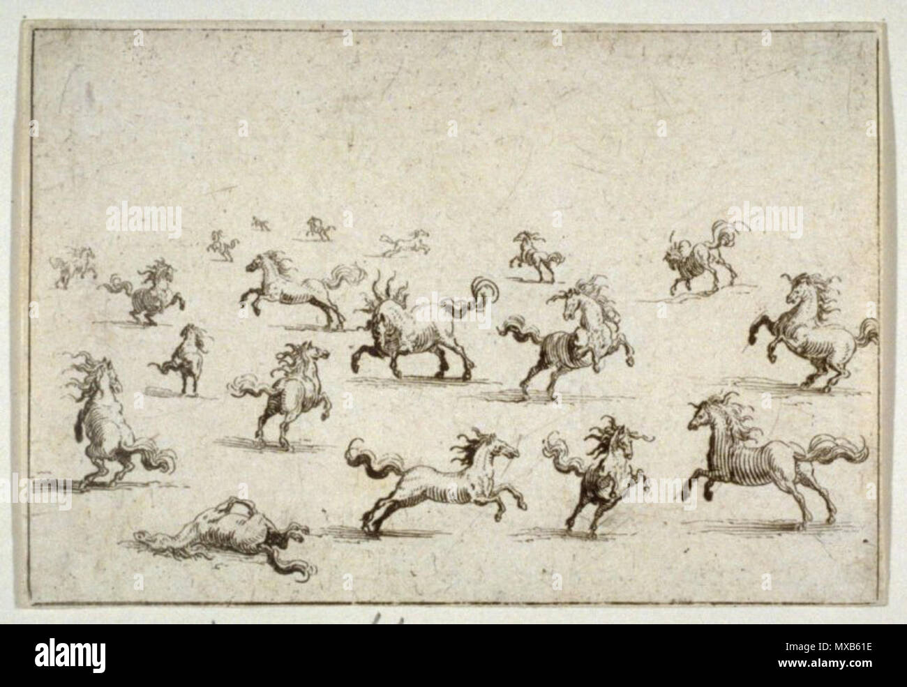 . Anglais : Chevaux courant en liberte, planche 11 de 'Les caprices' datée de 1617. 10 avril 2016. Jacques Callot 306 Jacques Callot IV Banque D'Images