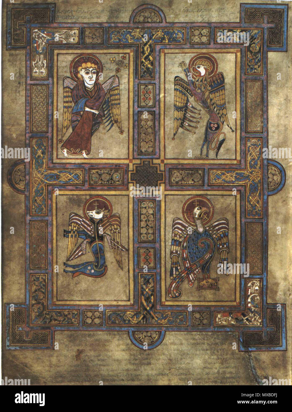 . Anglais : Image de folio 27v, avec les quatre symboles de l'évangéliste en:Livre de Kells, un vieux livre de l'année 1200. Tirée de : Meehan, Bernard ; Le Livre de Kells" : une introduction illustrée au manuscrit à Trinity College Dublin. London : Thames and Hudson, 1994. p. 8. . Ce fichier n'est pas informations sur l'auteur. 339 KellsFol027v4Evang Banque D'Images