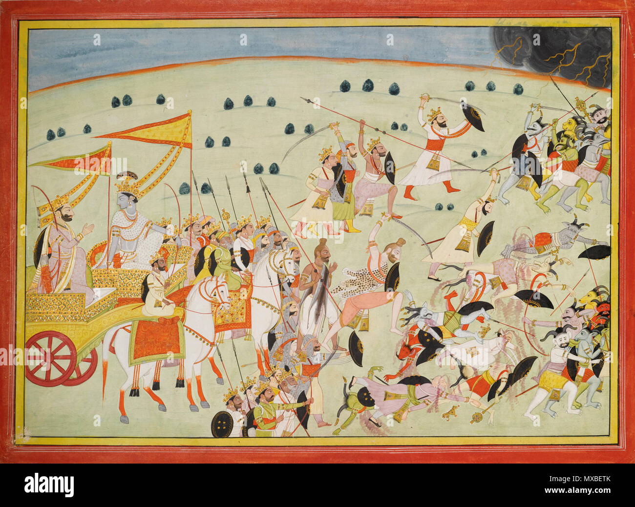 . Anglais : Une illustration de la Mahabharata : Krishna et les Princes Pandava démons bataille Estimation : 12 000 - 18 000 USD VENDU LOT. 28 125 USD (prix marteau avec la prime de l'acheteur) l'illustration dispose de Krishna sur un chariot à gauche, d'être remercié par un roi tout en reconnaissant un groupe de guerriers au centre de vigueur démolir une armée de démons qui sont indiqués à la hâte en retrait sur la droite. Aquarelle opaque renforcé avec de l'or sur papier libre 12 5/8 par 18 1/8 in. (32,1 par 46 cm) folio 14 1/2 par 20 in. (36,9 cm) par 50,9 non encadrée vers 1820 L'Inde, . de Kangra 1820. 348 l'inconnu de Krishna et Pandava Banque D'Images