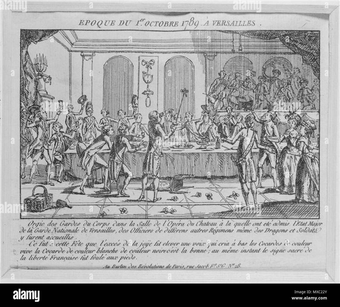 . Le banquet des gardes du corps dans la salle de l'Opéra du château de Versailles, le 1er octobre 1789 . vers 1789. Bureau des Révolutions de Paris 362 Le banquet des Gardes du Corps Banque D'Images
