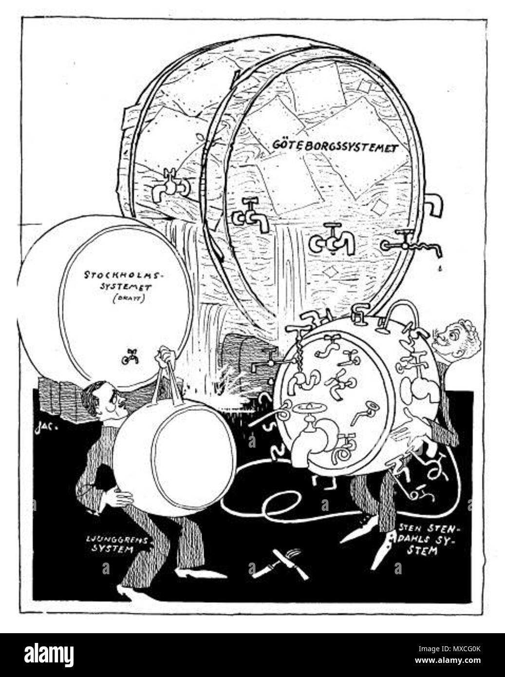 . Anglais : homme politique et activiste interdiction Ljunggren Août : - pas de taper sur le canon ! Verrouillé L'alcool - c'est mon système, et je vais mener à bien tôt ou tard ! Svenska : Août Ljunggren : - Ingen kran på fatet ! - Inlåst sprit de' ä système mitaine och det ska jag nog obtenir för en gång ! . 1913. Carl Agnar Jacobsson 374 système Ljunggrens Banque D'Images