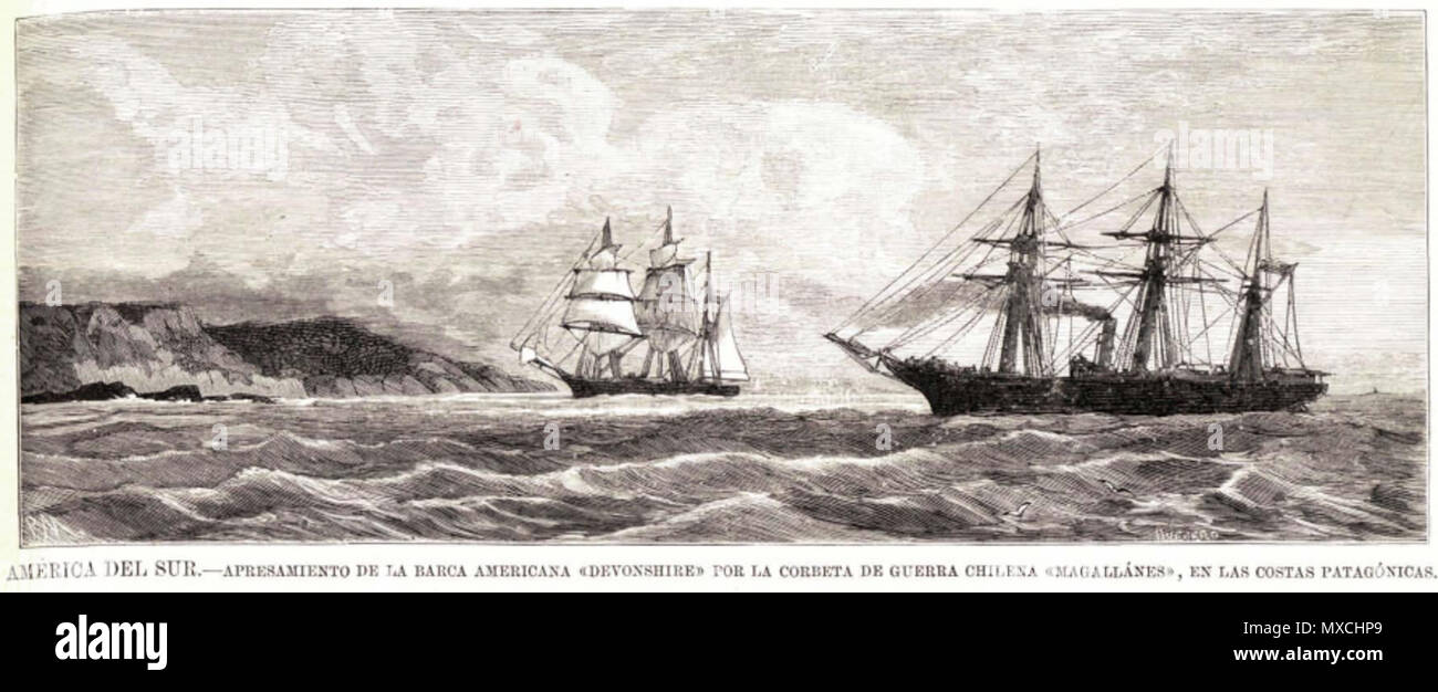 . Español : Captura del mercante USA 'Devonshire' por la 'Magallanes' . 1879. Inconnu 387 Magallanes-Devonshire Banque D'Images