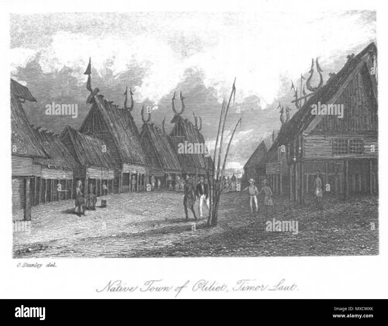 . C'est une illustration intitulée "ville natale de Oliliet» (Timur Laut - Indonésie) du Volume 1 de John Lort Stokes' livre 1846 Découvertes en Australie. 1846. Owen Stanley (1811-1850) 439 ville natale d'Oliliet (découvertes en Australie) Banque D'Images