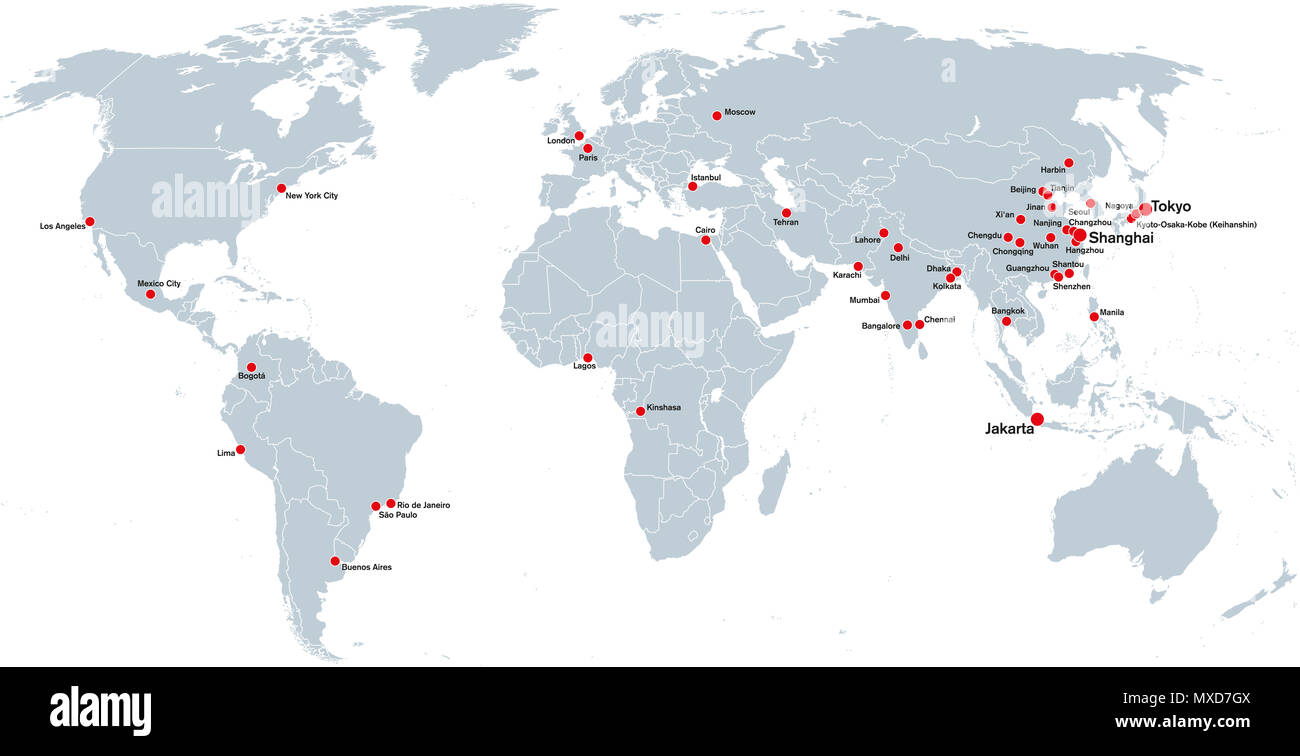 Les mégapoles du monde, une carte politique. Plus grandes villes avec plus de dix millions de personnes. L'étiquetage en anglais. L'illustration. Banque D'Images