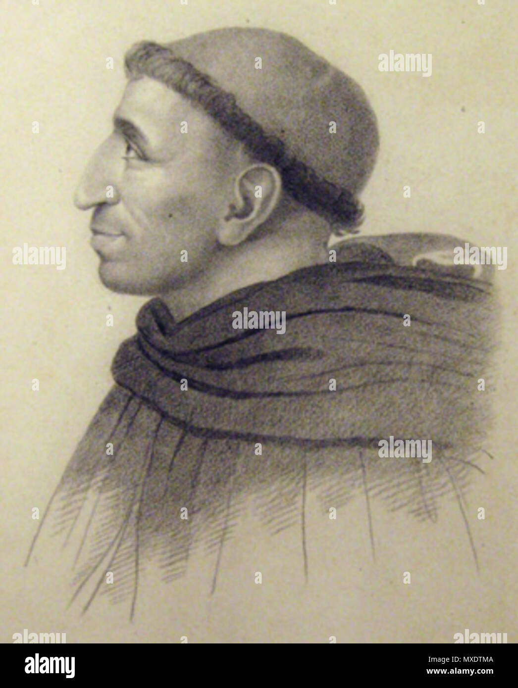 . [Portrait d'un moine non identifiés] ; Crayon. La taille de l'image : (9 x 7 5/8 dans) (24 ½ x 17 ½ cm). Papier cartonné taille : (11 ½ x 8 ¾ po) (29 x 22 cm). ca. 1857. Par Edwards, Thomas (1795-1869). 'Portrait d'un moine face vers la gauche ; ses yeux sont tournés vers le haut. L'homme a un gros nez et sa tête rasée avec sa couronne monastique visible ; il porte des robes à capuchon. Note au dossier souligne : "Thomas Edwards, un artiste qui a vécu à Boston et Worcester. Son nom apparaît dans le répertoires de Worcester en tant qu'artiste à partir de 1859-1868." Note : l'image est doublé d'un papier cartonné noir et blanc en un bout de papier cartonné.'--AAS Banque D'Images