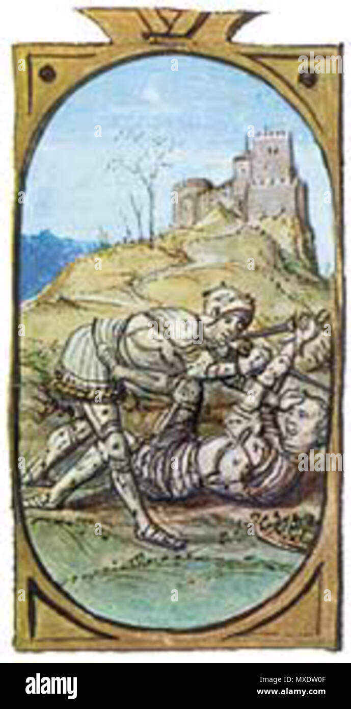 . Español : Miniature del libro genealogía de los Reyes de España, obra de Alonso de Carthagène. Composée de la lucha entre Pedro el Cruel y Enrique de Trastámara ante el Castillo de Montiel. 1er janvier 1463. Miniature del libro genealogía de los Reyes de España, obra de Alonso de Carthagène. 424 Pedro Enrique Montiel Banque D'Images