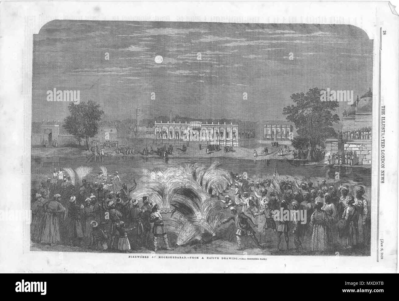 . Anglais : Vues de l'Illustrated London News et le graphique (certains avec coloration à la main plus tard, le tout à partir de ventes aux enchères ebay) : 'feu d'artifice à Moorshedabad, à partir d'un dessin au format natif'*, 1858 . Modèle:1858. Vues de l'Illustrated London News et le graphique (certains avec coloration à la main plus tard, le tout à partir de ventes aux enchères ebay) : 433 Murshidabadfireworks Banque D'Images