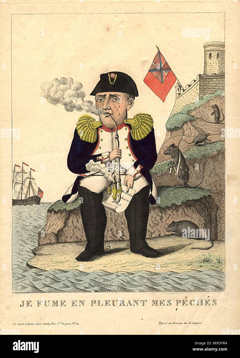 . Français : "Je fume en pleurant mes péchés" Anglais : Je fume et pleurer sur mes péchés Deutsch : rauche Ich und meine Sünden beweine 438 Caricature Napoléon 1815 Saint Helena Banque D'Images