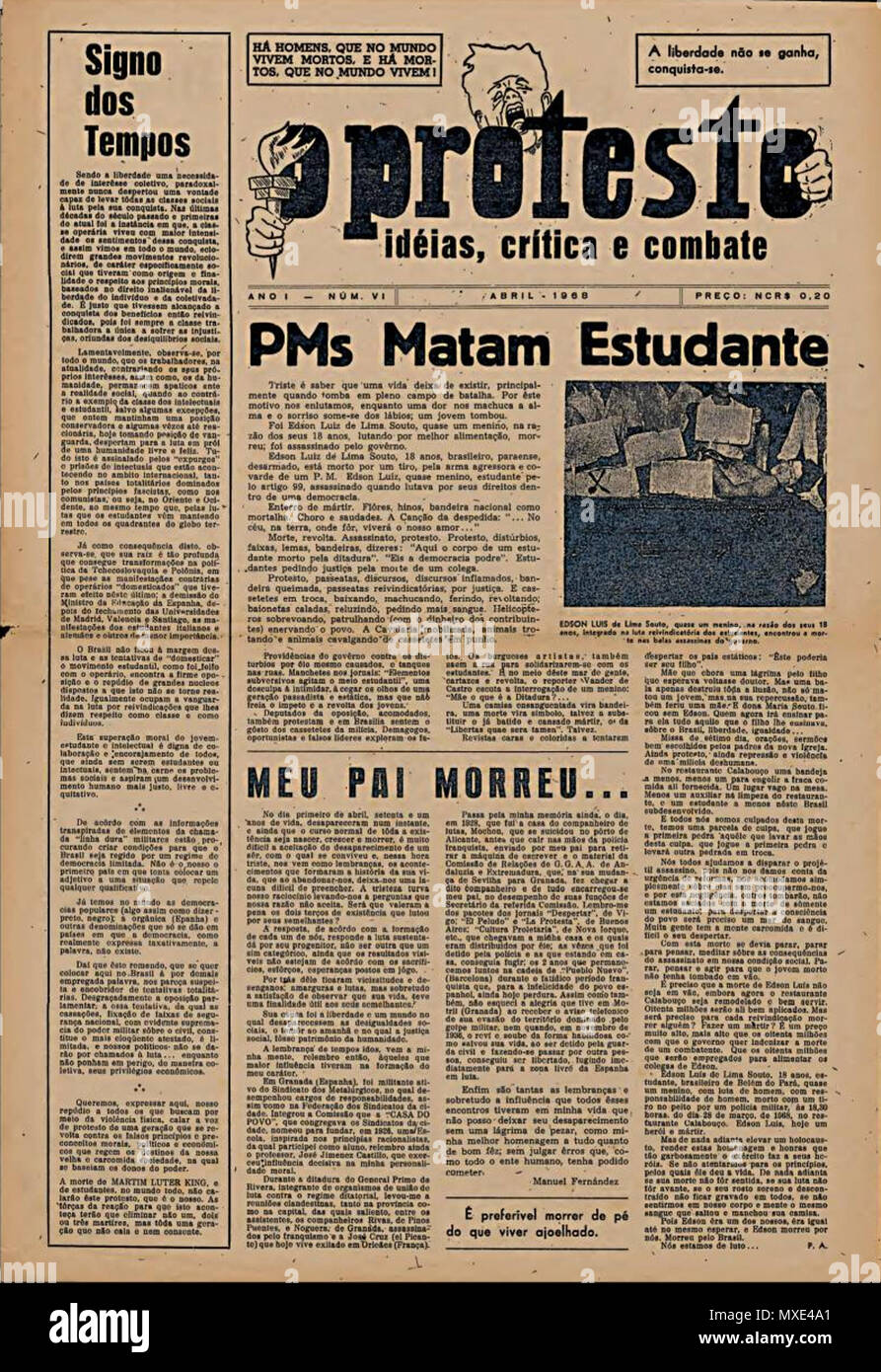 . Português : Jornal anarquista brasileiro que circulou entre 1967 e 1968. Avril 1968. O Protesto 451 O Protesto Banque D'Images