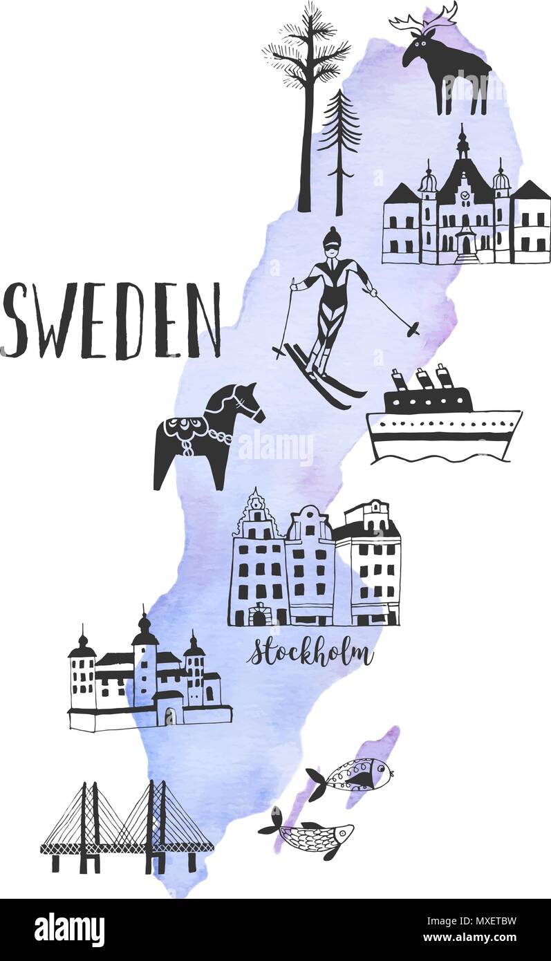 Carte avec aquarelle Vector handdrawn illustrations de célèbres attractions touristiques, lieux et monuments de la Suède Illustration de Vecteur
