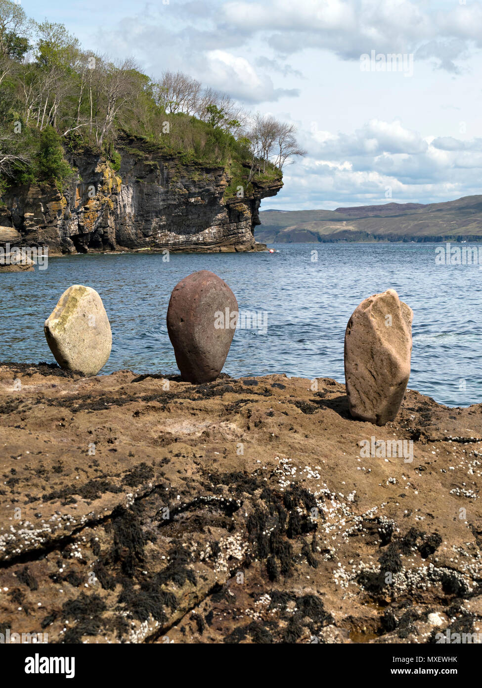 Les roches équilibré sculpture à Loch Slapin et falaises au-delà, Glasnakille, Isle of Skye, Scotland, UK Banque D'Images