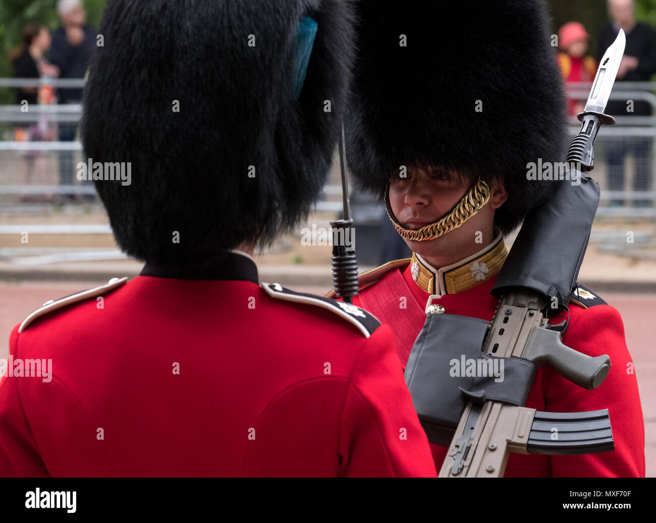 Les soldats de la Garde royale portant l'uniforme rouge et noir et chapeaux  en peau d'avoir une conversation amicale au cours de la parade la parade  militaire de couleur, Londres UK Photo