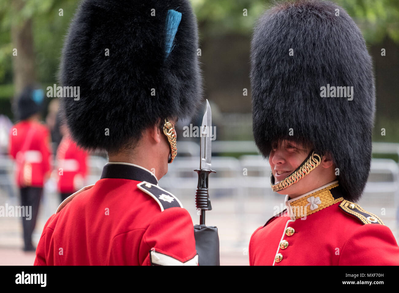 Les soldats de la Garde royale portant l'uniforme rouge et noir et son  bonnet chapeaux partageant une blague pendant la parade la parade militaire  de couleur, Londres UK Photo Stock - Alamy