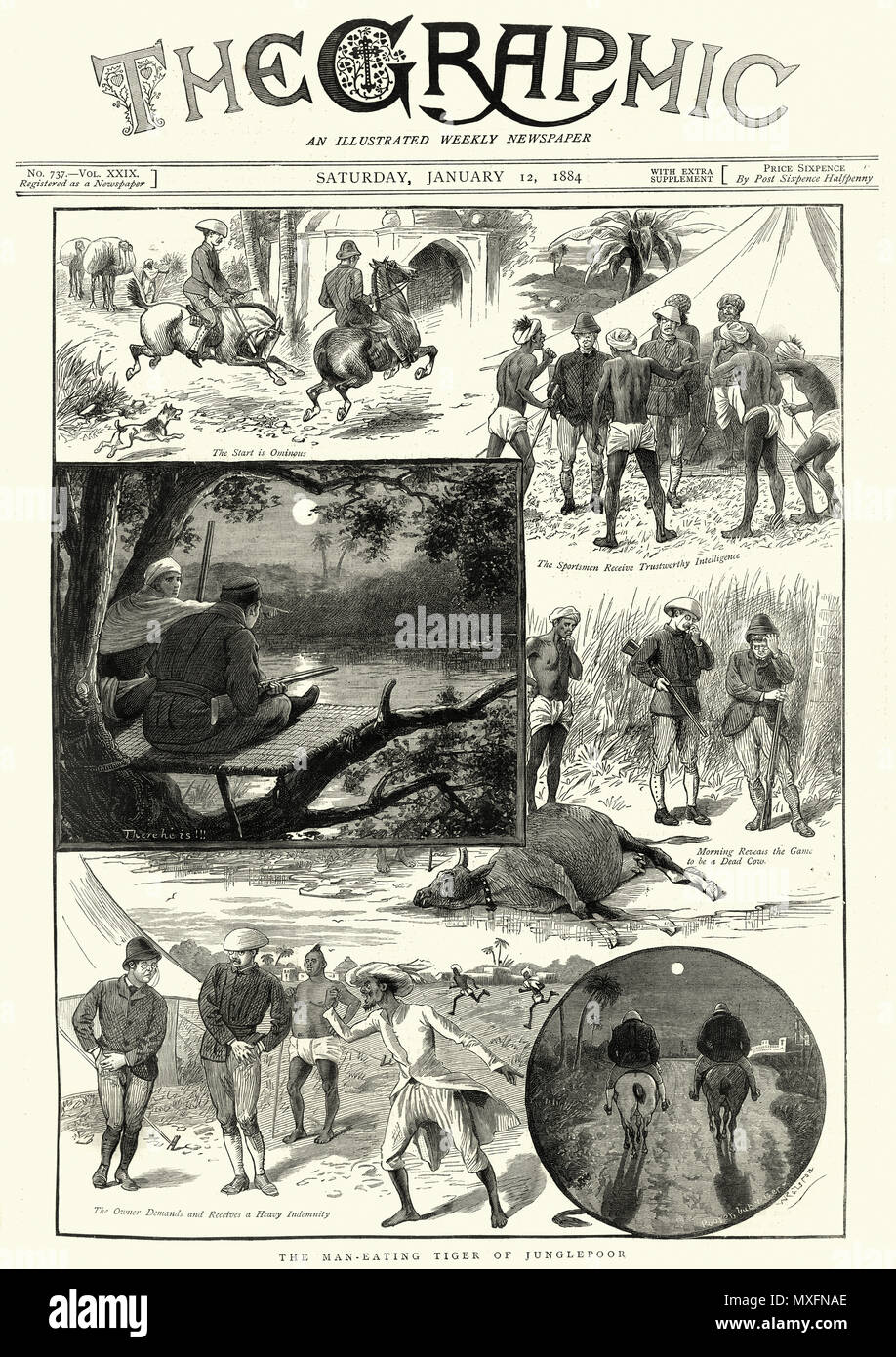 Première page du journal illustré graphique pour le 12 janvier 1884, montrant des chasseurs britanniques à la recherche de l'homme Junglepoor Tigre Manger Banque D'Images
