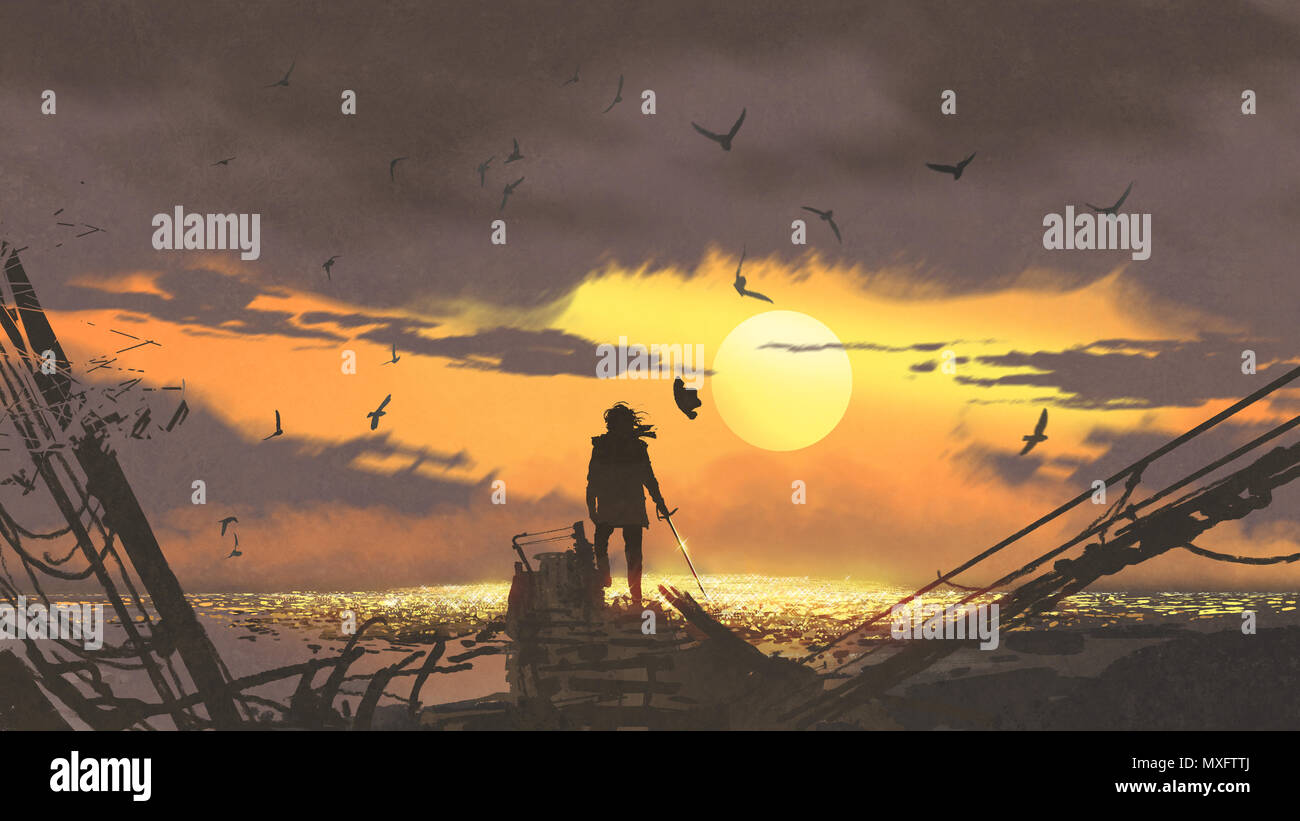 Le pirate avec une épée, debout sur les ruines de voile et en regardant les trésors dorés au coucher du soleil, de l'art numérique, style peinture illustration Banque D'Images