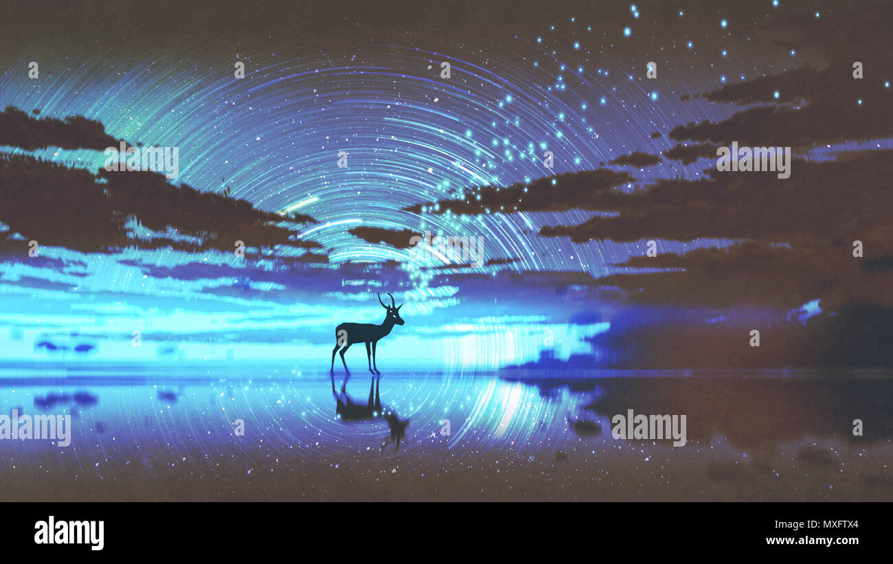 Silhouette de la deer marche sur l'eau contre le ciel de nuit avec lumière bleue, style art numérique, illustration peinture Banque D'Images