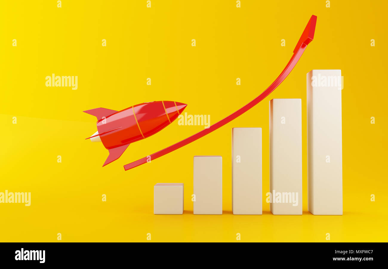 3d illustration. Sommet de l'excellence de la fusée du diagramme à barres sur fond jaune. Succès en affaires concept concept. Banque D'Images