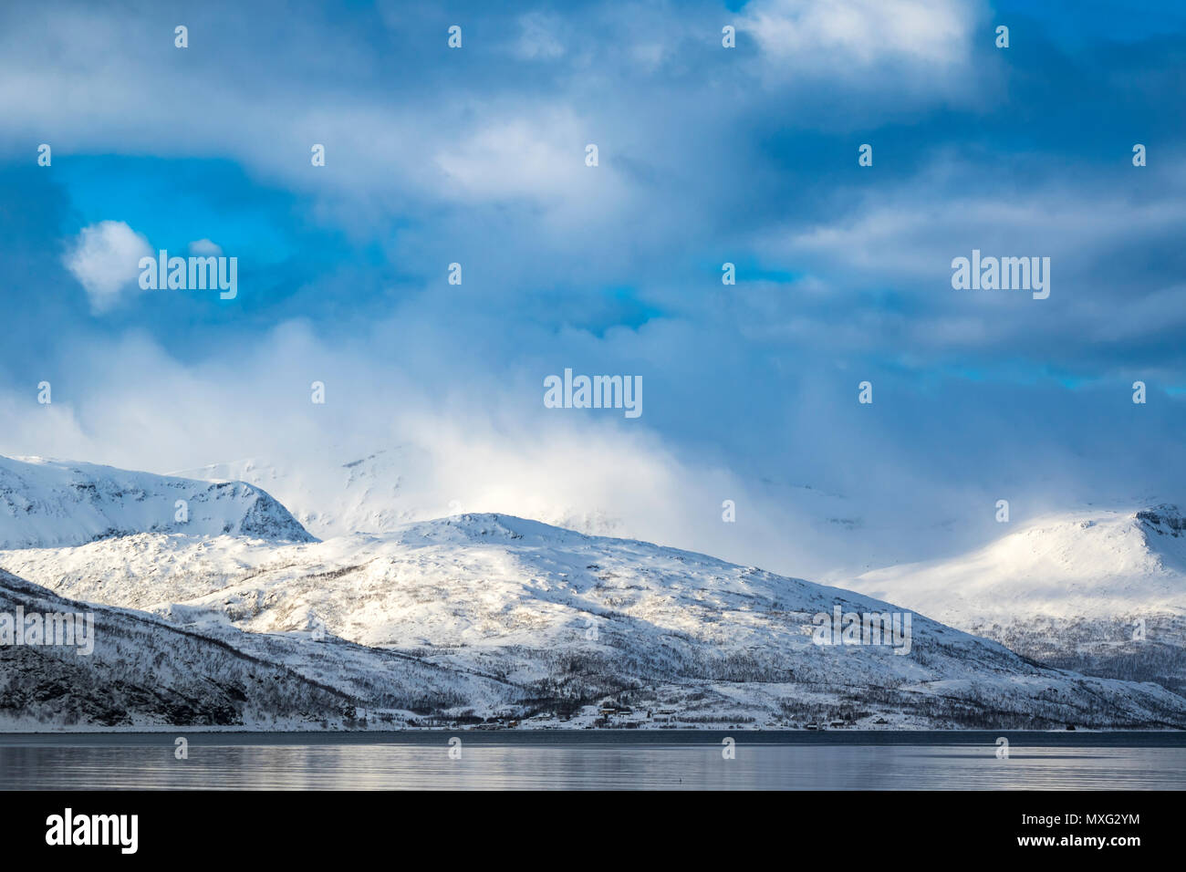 Côte norvégienne typique avec une tempête de neige en entrant un fjord comté de Troms, Norvège. Montagnes couvertes de neige pendant l'hiver froid. Banque D'Images