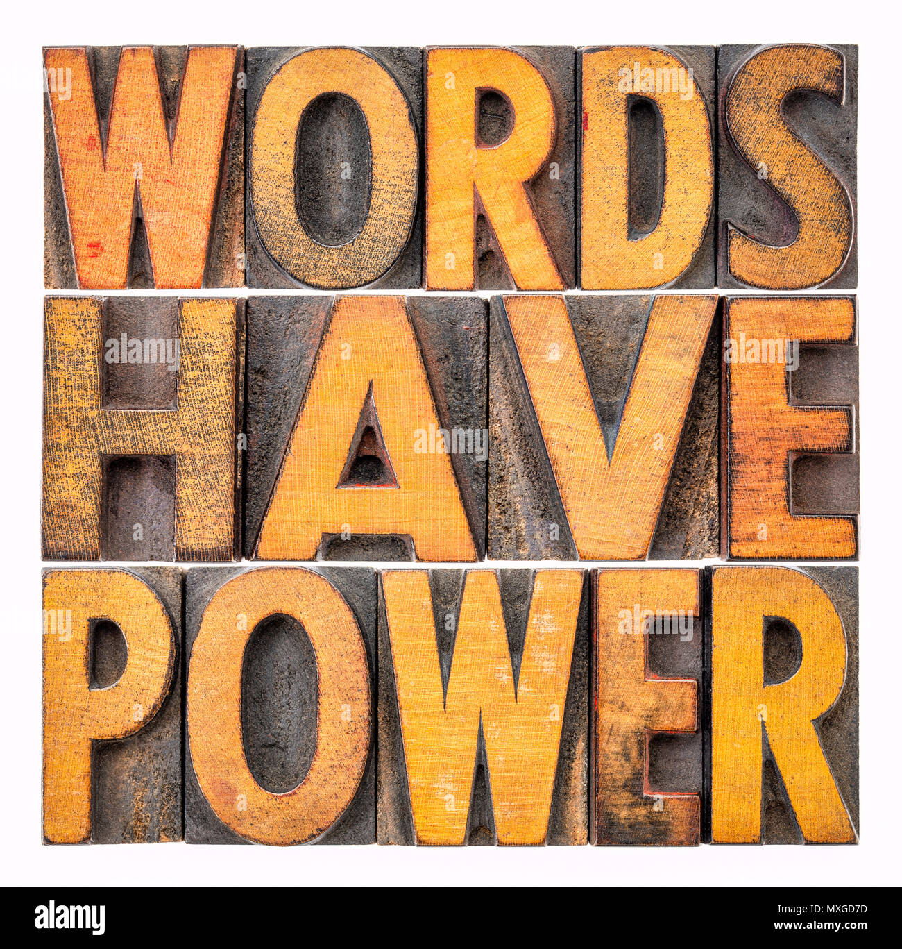 Les mots ont un message d'alimentation - Résumé isolés dans la typographie vintage type de bois Banque D'Images