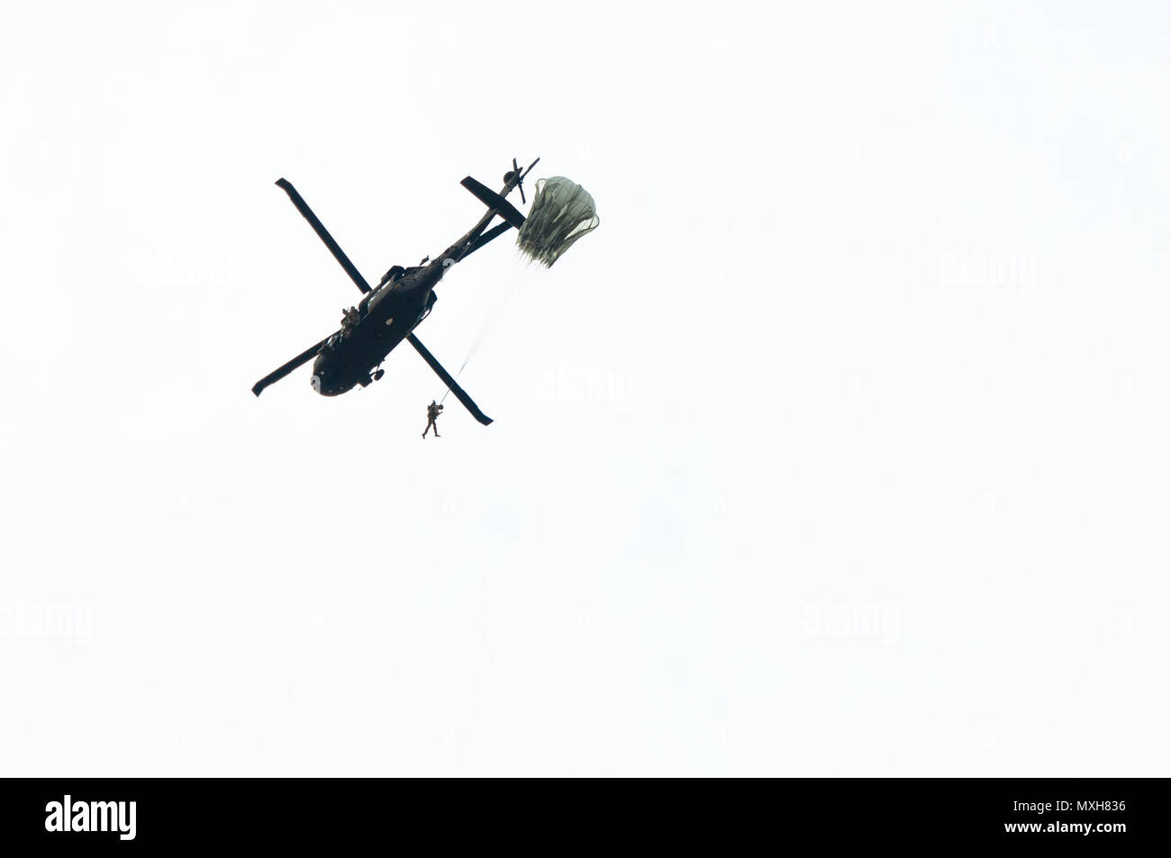 Les membres de la Garde nationale de l'Alabama E Company (une surveillance), 1/173ème régiment d'infanterie, de procéder à un saut d'un UH-60 Black Hawk au nord-est de l'Arkansas Regional Airport de Gadsden, Alabama, le 5 novembre 2016. (Photo prise par le sergent de l'armée. William Frye.) Banque D'Images