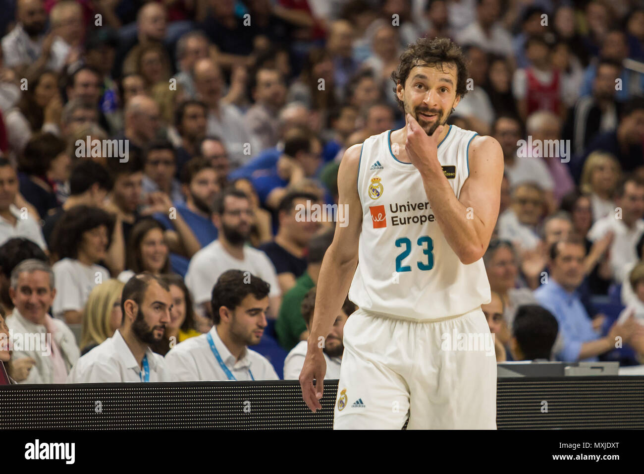 Madrid, Espagne. 06Th Juin, 2018. Sergio Llull lors de Real Madrid victoire sur Herbalife Gran Canaria (88 - 70) en demi-finale des séries éliminatoires Liga Endesa (jeu 1) a célébré à Madrid à Wizink Centre. 3e juin 2018. Credit : Juan Carlos García Mate/Pacific Press/Alamy Live News Banque D'Images