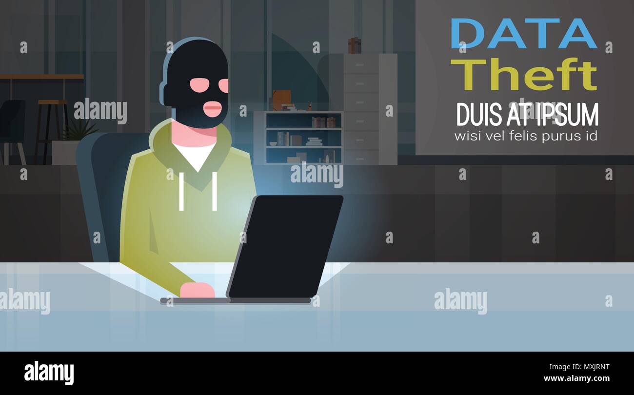 Masque Noir homme assis à l'activité d'un pirate informatique Virus Concept attaque la confidentialité des données de sécurité de l'information Internet Télévision Illustration de Vecteur