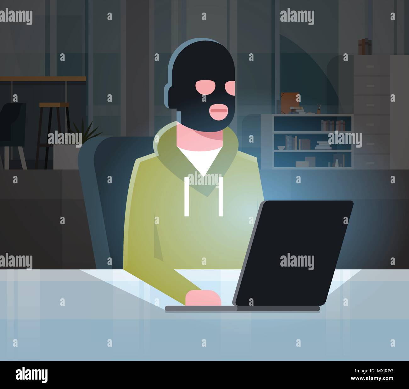 Masque Noir homme assis à l'activité d'un pirate informatique Virus Concept attaque la confidentialité des données de sécurité de l'information Internet Télévision Illustration de Vecteur