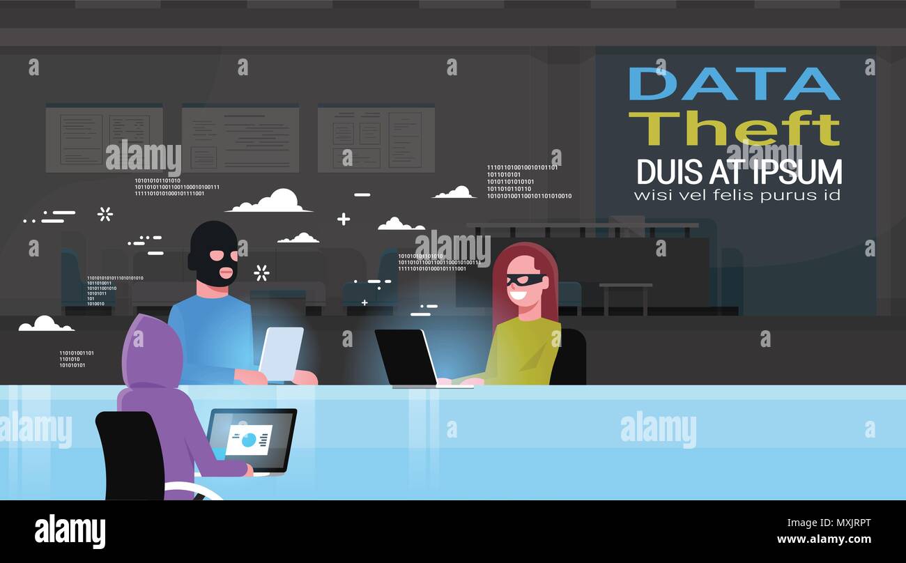 Groupe de hackers portant des masques noirs assis à la confidentialité des données des virus Gadgets Internet Attaque de Hacker La sécurité de l'information Concept Activité Télévision Illustration de Vecteur