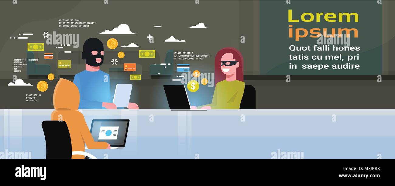 Groupe de hackers portant des masques noirs assis à virus Gadgets sur la confidentialité des données de sécurité de la carte de crédit d'attaque pirate Concept Activité Télévision Illustration de Vecteur