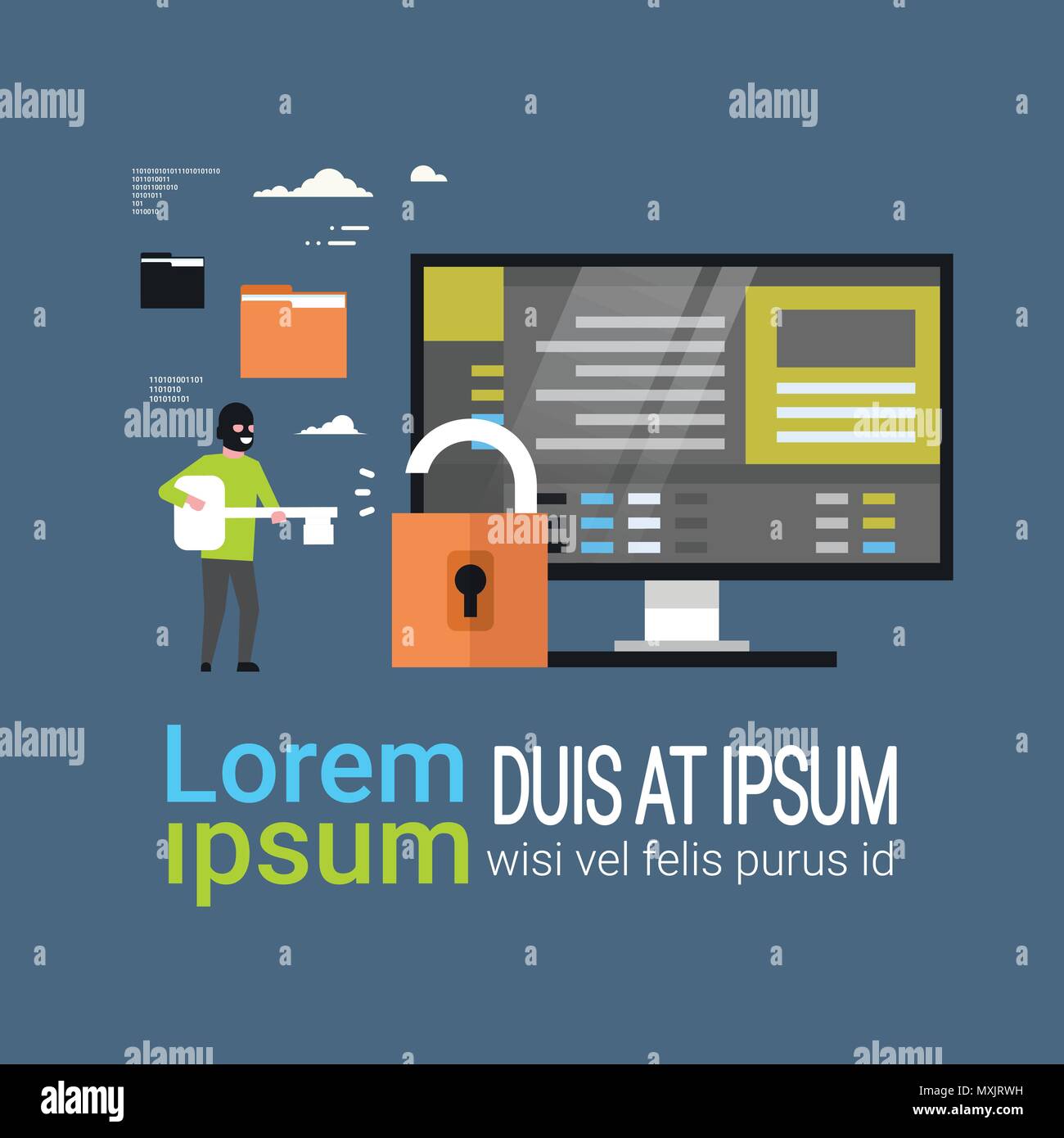 Cadenas Crack Hacker Maintenir la clé en mains privées Hacking moniteur de base de données Concept Sécurité informatique Télévision Illustration de Vecteur