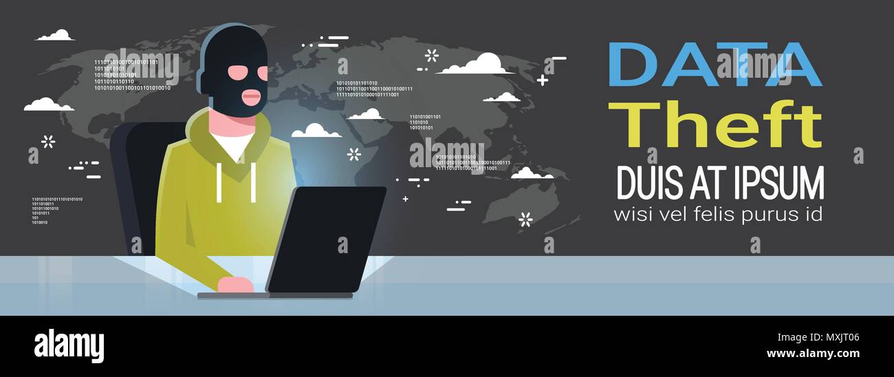 Masque Noir homme assis à l'activité d'un pirate informatique Virus Concept attaque la confidentialité des données de sécurité de l'information Internet Télévision Background Illustration de Vecteur