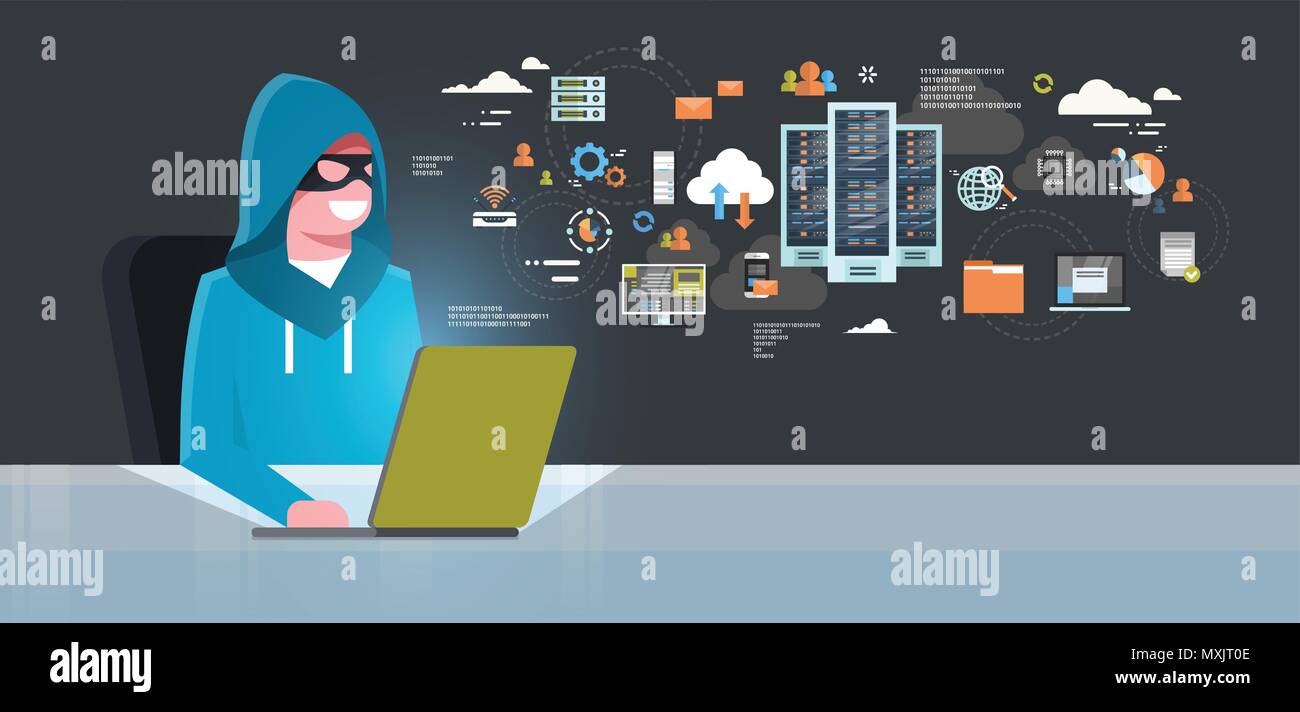 Masque Noir homme assis à l'activité d'un pirate informatique Virus Concept attaque la confidentialité des données de sécurité de l'information Internet Télévision Illustration de Vecteur