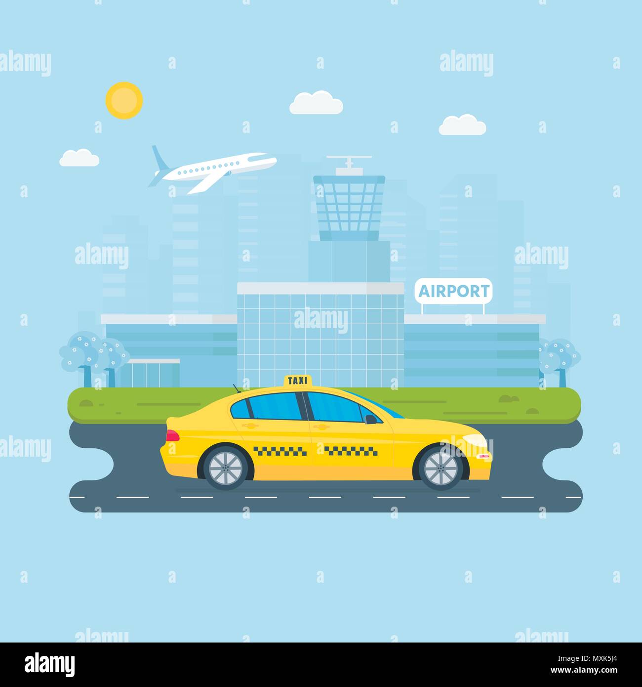 Bannière avec le taxi jaune de la machine dans la ville. Service de taxi public concept. L'aéroport de la ville, sur l'arrière-plan. Télévision vector illustration. Illustration de Vecteur